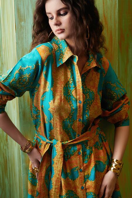 Cin Cin_Green Cotton Beads Collared Abstract Print Shirt Dress_Online_at_Aza_Fashions