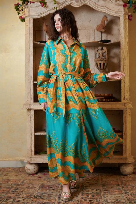 Buy_Cin Cin_Green Cotton Beads Collared Abstract Print Shirt Dress_Online_at_Aza_Fashions