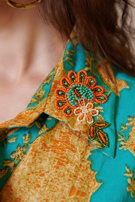Shop_Cin Cin_Green Cotton Beads Collared Abstract Print Shirt Dress_Online_at_Aza_Fashions