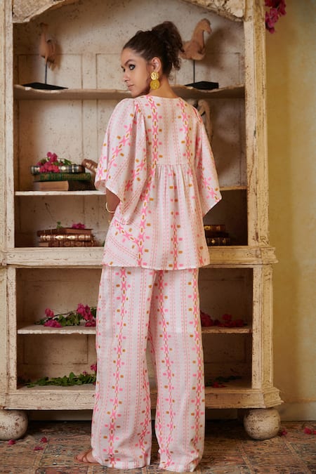 Shop_Cin Cin_Pink Cotton Embroidery, Beads Round Neck Geometric Woven Top And Pant Set _at_Aza_Fashions