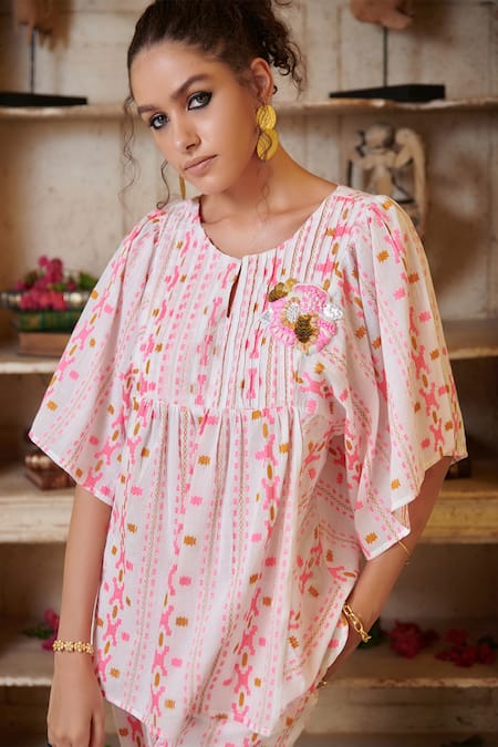 Cin Cin_Pink Cotton Embroidery, Beads Round Neck Geometric Woven Top And Pant Set _Online_at_Aza_Fashions