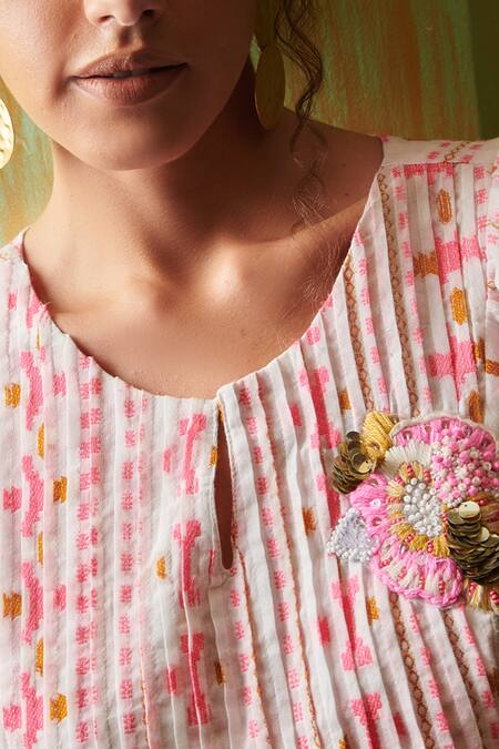 Buy_Cin Cin_Pink Cotton Embroidery, Beads Round Neck Geometric Woven Top And Pant Set _Online_at_Aza_Fashions