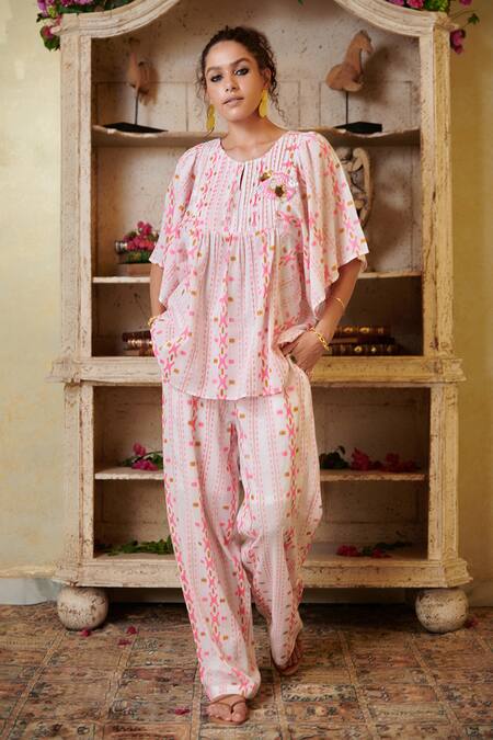 Shop_Cin Cin_Pink Cotton Embroidery, Beads Round Neck Geometric Woven Top And Pant Set _Online_at_Aza_Fashions