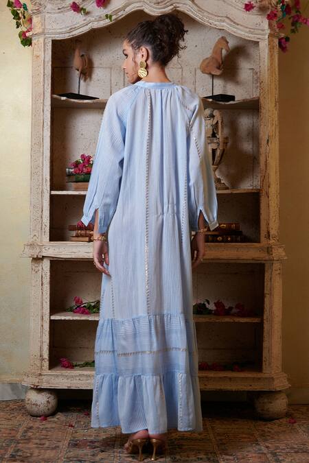 Shop_Cin Cin_Blue Viscose Lurex Yarn Dyed Woven Stripe Mandarin Collar Dress _at_Aza_Fashions