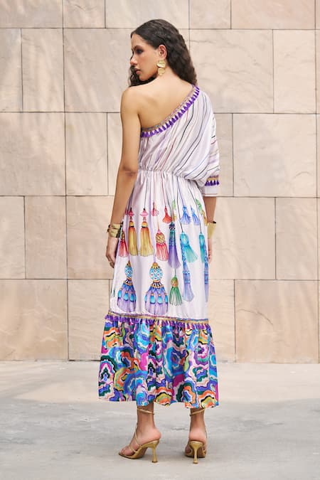Shop_Cin Cin_Multi Color Satin Printed Tassel Asymmetric One Shoulder Dress _at_Aza_Fashions