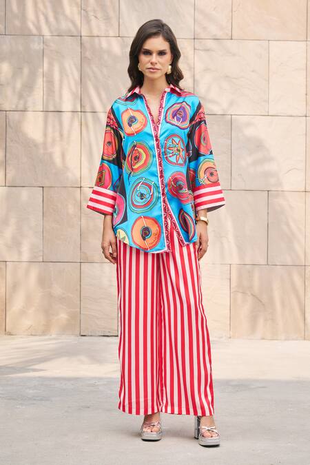 Cin Cin Multi Color Satin Collared Sunset Carnival Print Shirt And Pant Set Online at Aza Fashions Cin Cin_Multi Color Satin Collared Sunset Carnival Print Shirt And Pant Set _Online_at_Aza_Fashions