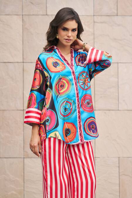 Shop Cin Cin Multi Color Satin Collared Sunset Carnival Print Shirt And Pant Set Online at Aza Fashions Shop_Cin Cin_Multi Color Satin Collared Sunset Carnival Print Shirt And Pant Set _Online_at_Aza_Fashions