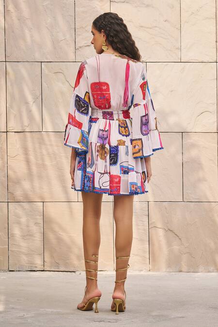 Shop_Cin Cin_Multi Color Georgette Printed Abstract Plunge V Neck Dress _at_Aza_Fashions
