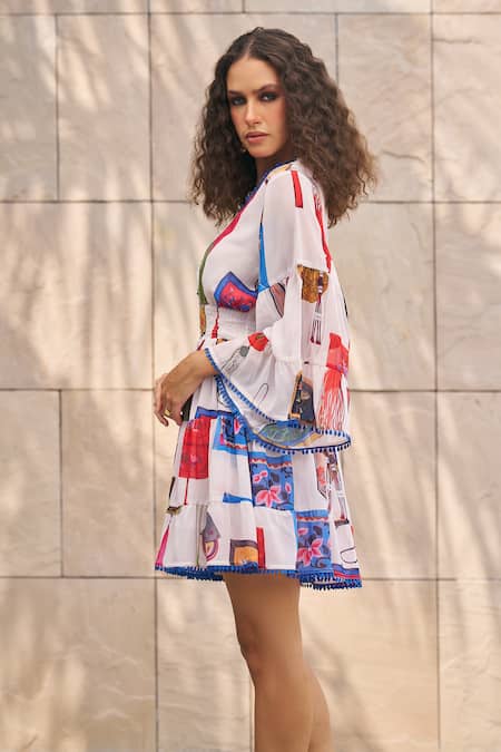 Cin Cin_Multi Color Georgette Printed Abstract Plunge V Neck Dress _Online_at_Aza_Fashions