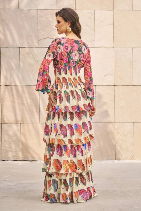 Shop_Cin Cin_Multi Color Georgette Printed Umbrella Plunge V Neck Dress _at_Aza_Fashions