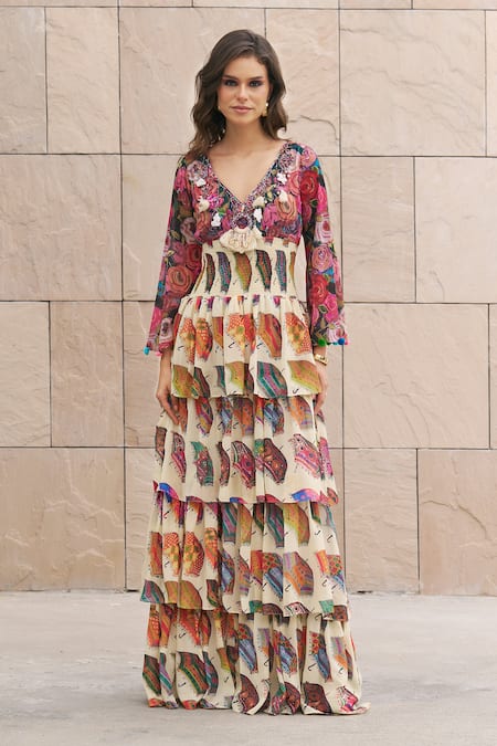 Cin Cin_Multi Color Georgette Printed Umbrella Plunge V Neck Dress _Online_at_Aza_Fashions