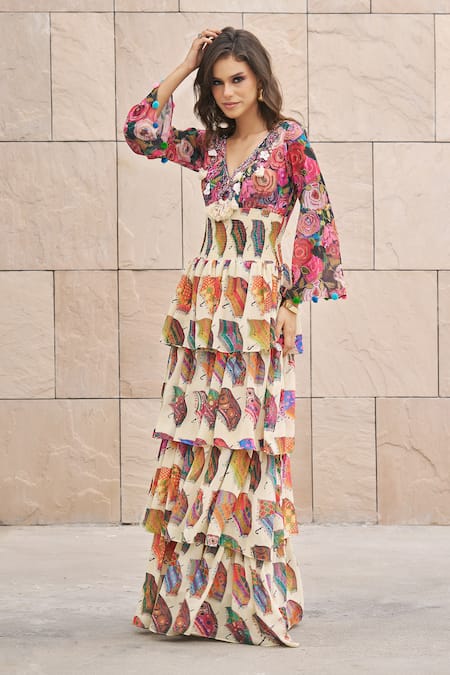 Buy_Cin Cin_Multi Color Georgette Printed Umbrella Plunge V Neck Dress _Online_at_Aza_Fashions