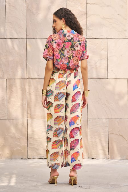 Cin Cin Rose Print Cropped Shirt & Pant Set 