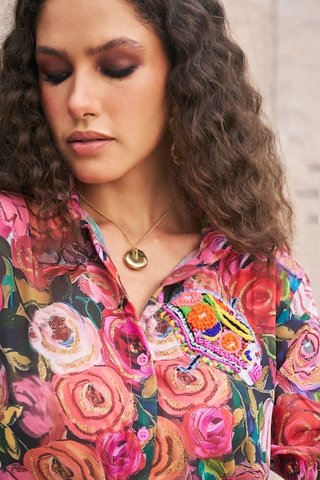 Shop_Cin Cin_Multi Color Georgette Sequins, Beads Rose Print Cropped Shirt And Pant Set _Online_at_Aza_Fashions