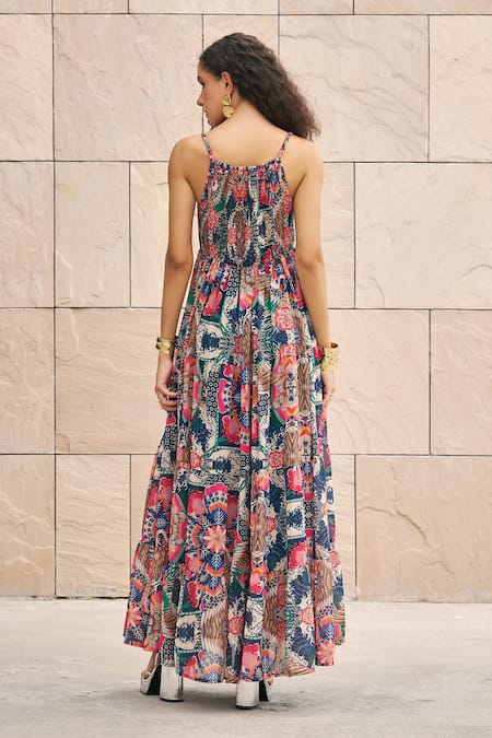 Shop_Cin Cin_Multi Color Georgette Square Neck Botanical Print Smocked Dress _at_Aza_Fashions
