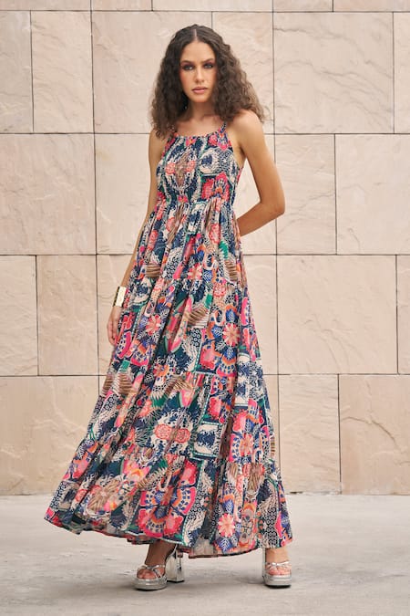 Cin Cin_Multi Color Georgette Square Neck Botanical Print Smocked Dress _Online_at_Aza_Fashions