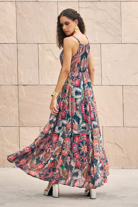 Buy_Cin Cin_Multi Color Georgette Square Neck Botanical Print Smocked Dress _Online_at_Aza_Fashions