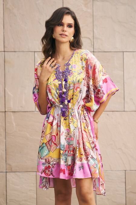 Buy_Cin Cin_Multi Color Satin Printed Tropical Notched Kaftan _Online_at_Aza_Fashions