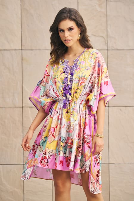 Shop_Cin Cin_Multi Color Satin Printed Tropical Notched Kaftan _Online_at_Aza_Fashions