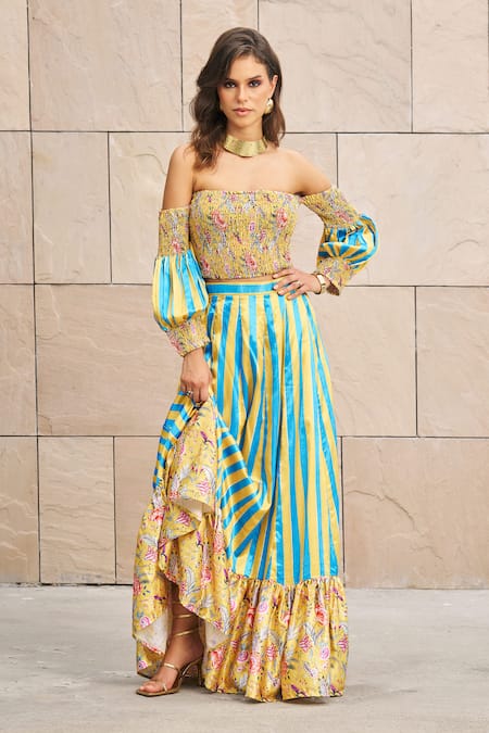 Cin Cin Multi Color Satin Printed Floral Straight Off-shoulder Crop Top And Skirt Set 