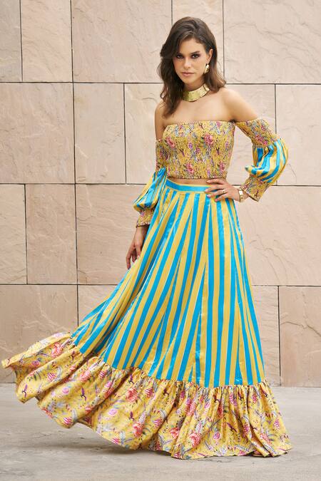 Cin Cin_Multi Color Satin Embroidery Off-shoulder Printed Crop Top And Skirt Set _Online_at_Aza_Fashions