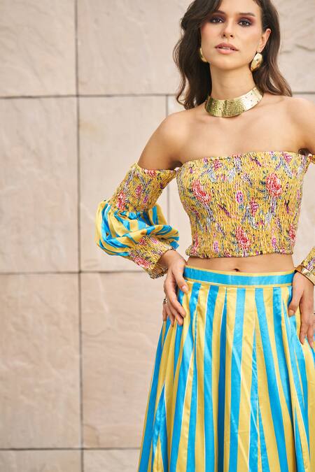 Buy_Cin Cin_Multi Color Satin Embroidery Off-shoulder Printed Crop Top And Skirt Set _Online_at_Aza_Fashions