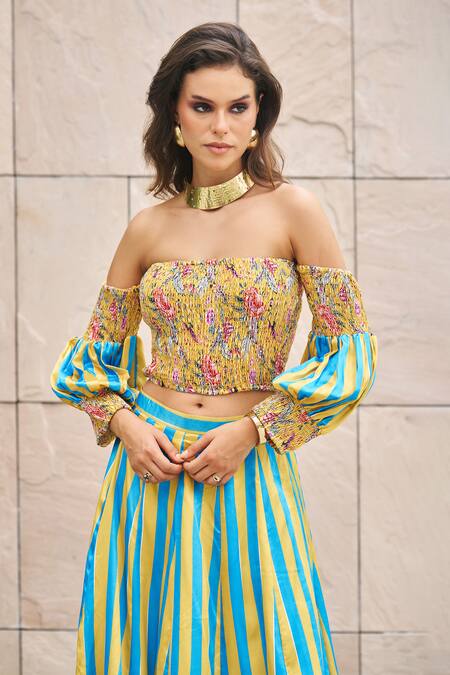 Shop_Cin Cin_Multi Color Satin Embroidery Off-shoulder Printed Crop Top And Skirt Set _Online_at_Aza_Fashions