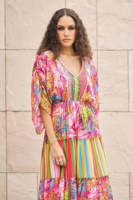 Shop_Cin Cin_Multi Color Georgette Printed Garden V Neck Dress _at_Aza_Fashions