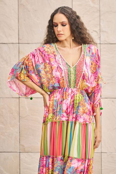 Cin Cin_Multi Color Georgette Printed Garden V Neck Dress _Online_at_Aza_Fashions