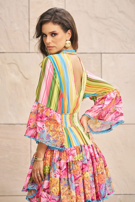 Shop_Cin Cin_Multi Color Georgette Printed Floral Stripe Plunge V Neck Dress _at_Aza_Fashions