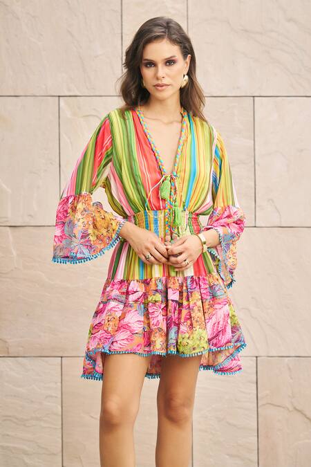 Cin Cin_Multi Color Georgette Printed Floral Stripe Plunge V Neck Dress _Online_at_Aza_Fashions