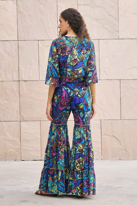 Shop_Cin Cin_Multi Color Georgette Printed Tropical Blunt V Neck Top And Pant Set _at_Aza_Fashions