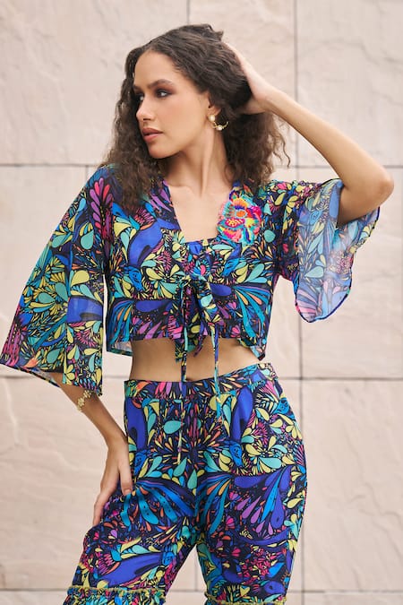 Cin Cin_Multi Color Georgette Printed Tropical Blunt V Neck Top And Pant Set _Online_at_Aza_Fashions