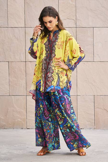 Cin Cin Multi Color Georgette Embroidery Mandarin Floral Vine Print Top And Pant Set Online at Aza Fashions Cin Cin_Multi Color Georgette Embroidery Mandarin Floral Vine Print Top And Pant Set _Online_at_Aza_Fashions