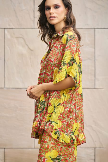 Cin Cin_Multi Color Georgette, Lurex Collared Lemon Print Shirt Tunic And Palazzo Set _Online_at_Aza_Fashions