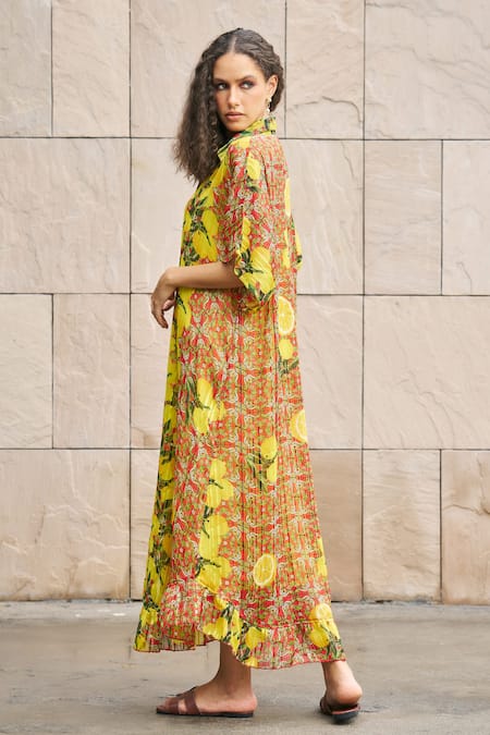 Shop_Cin Cin_Multi Color Georgette Collared Citrus Lemon Print Shirt Dress _at_Aza_Fashions