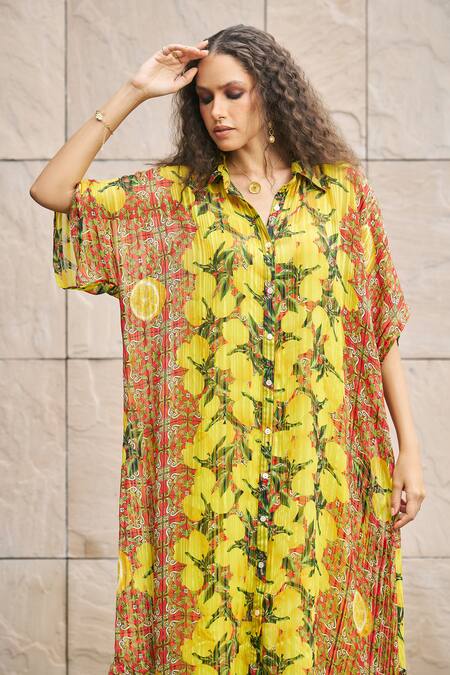 Cin Cin_Multi Color Georgette Collared Citrus Lemon Print Shirt Dress _Online_at_Aza_Fashions
