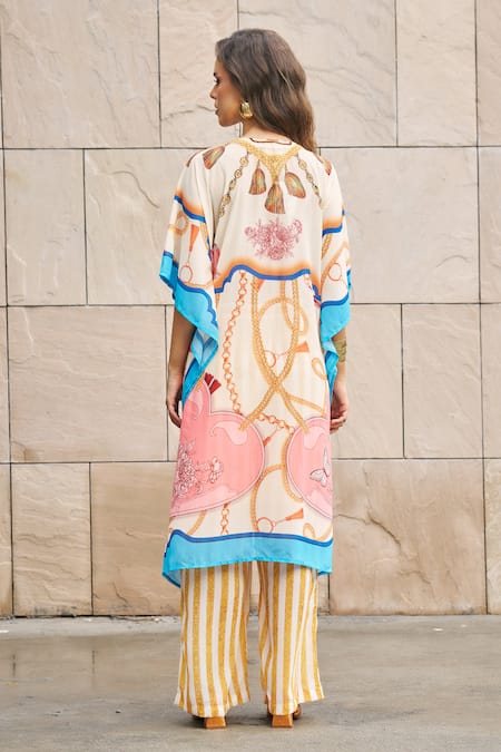 Shop_Cin Cin_Multi Color Georgette Beads Plunge Neck Stripe Print Kaftan And Pant Set _at_Aza_Fashions