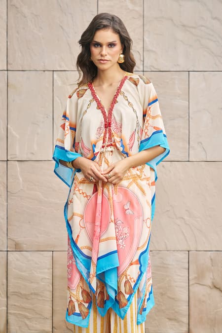 Cin Cin_Multi Color Georgette Beads Plunge Neck Stripe Print Kaftan And Pant Set _Online_at_Aza_Fashions
