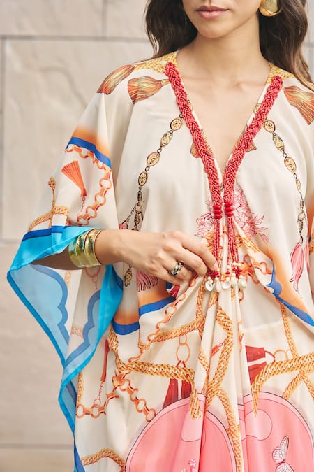 Buy_Cin Cin_Multi Color Georgette Beads Plunge Neck Stripe Print Kaftan And Pant Set _Online_at_Aza_Fashions