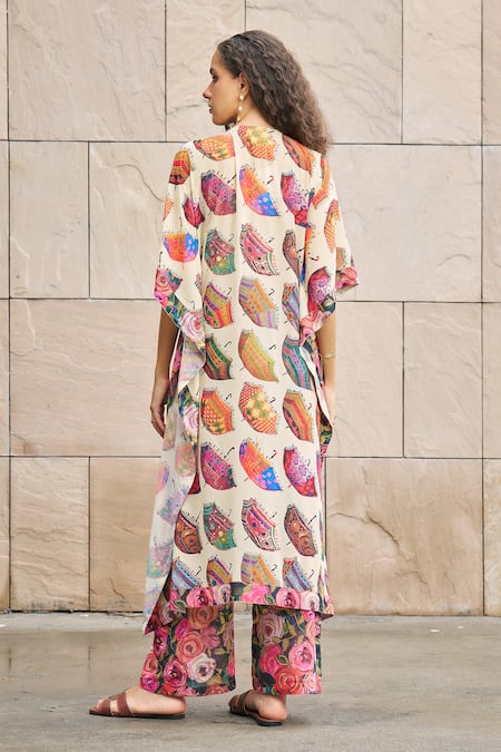 Shop_Cin Cin_Multi Color Georgette Beads, Embroidery Plunge Umbrella Print Kaftan And Pant Set _at_Aza_Fashions