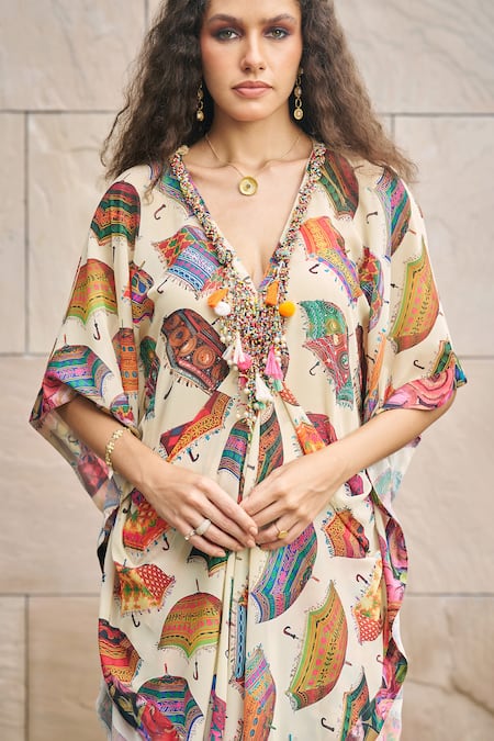 Cin Cin_Multi Color Georgette Beads, Embroidery Plunge Umbrella Print Kaftan And Pant Set _Online_at_Aza_Fashions