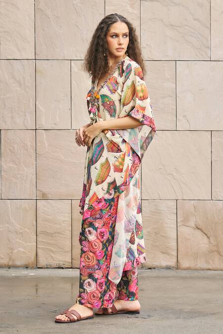 Buy_Cin Cin_Multi Color Georgette Beads, Embroidery Plunge Umbrella Print Kaftan And Pant Set _Online_at_Aza_Fashions