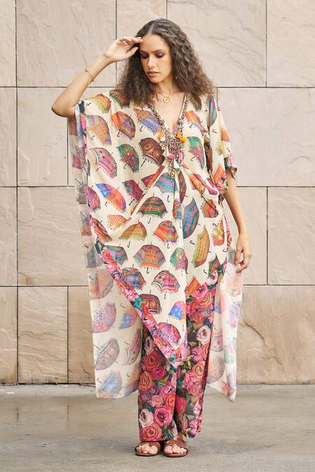 Shop_Cin Cin_Multi Color Georgette Beads, Embroidery Plunge Umbrella Print Kaftan And Pant Set _Online_at_Aza_Fashions