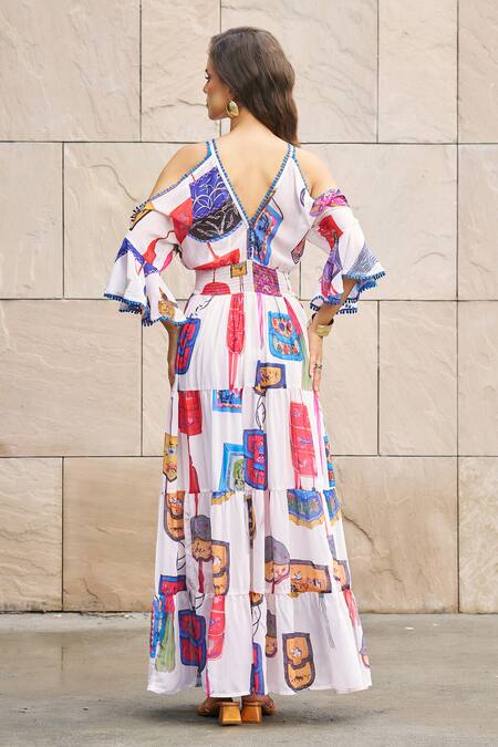 Shop_Cin Cin_Multi Color Georgette Plunge Neck Geometric Print Dress _at_Aza_Fashions