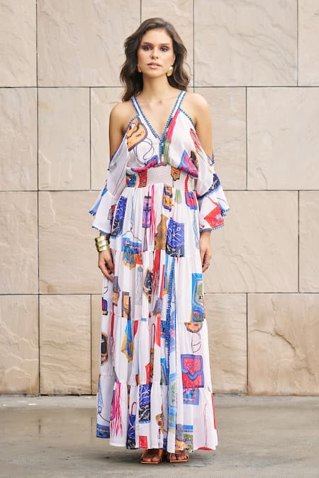 Cin Cin_Multi Color Georgette Plunge Neck Geometric Print Dress _Online_at_Aza_Fashions
