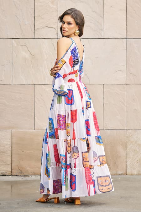 Shop_Cin Cin_Multi Color Georgette Plunge Neck Geometric Print Dress _Online_at_Aza_Fashions