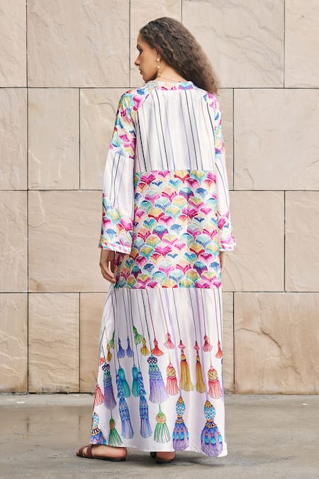 Shop_Cin Cin_Multi Color Satin Tassels Plunge Neck Print A-line Dress _at_Aza_Fashions