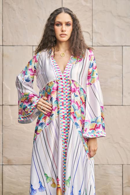 Cin Cin_Multi Color Satin Tassels Plunge Neck Print A-line Dress _Online_at_Aza_Fashions