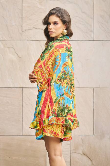Buy_Cin Cin_Multi Color Lurex, Georgette Collared Kaleidoscope Print Shirt And Shorts Set _Online_at_Aza_Fashions